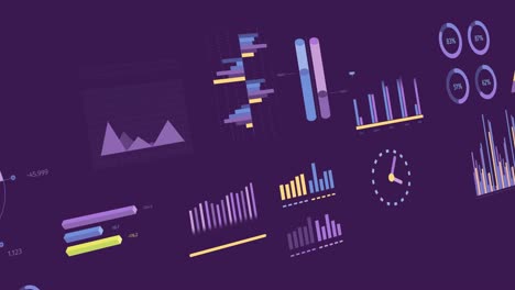 Animation-of-statistics-and-financial-data-processing-over-purple-background
