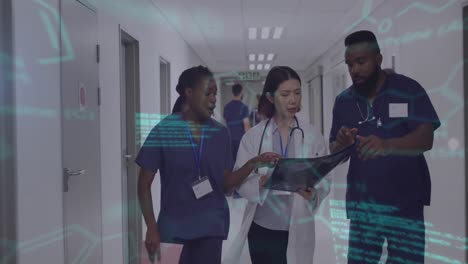 Animation-of-medical-data-processing-over-diverse-female-and-male-doctors-in-discussion-in-corridor