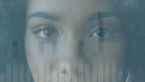 Animation-of-multiple-graphs-moving-over-close-up-portrait-of-biracial-woman-blinking-eyes