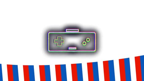 Animation-of-glitch-effect-over-video-game-controller-and-american-flag-design-on-white-background