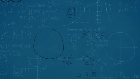 Animation-of-mathematical-equations-and-diagrams-floating-against-blue-background