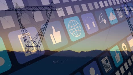 Animation-of-multiple-digital-icons-over-network-towers-against-sunset-sky