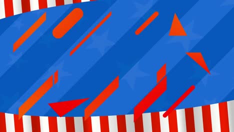 Animation-of-red-abstract-shapes-over-blue-background-with-copy-space-against-american-flag-design
