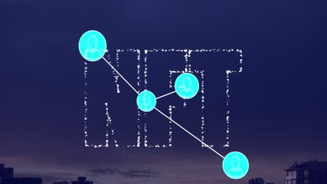 Animation-of-network-of-digital-icons-and-nft-text-banner-against-aerial-view-of-cityscape