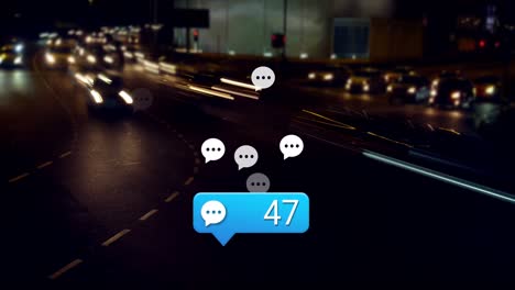 Animation-of-message-icons-with-increasing-numbers-against-time-lapse-of-night-city-traffic
