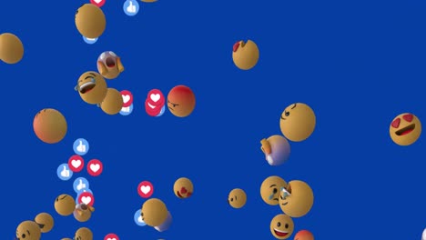 Animation-Mehrerer-Gesichts-Emojis,-Rotes-Herz-Und-ähnliche-Symbole,-Die-Vor-Blauem-Hintergrund-Schweben