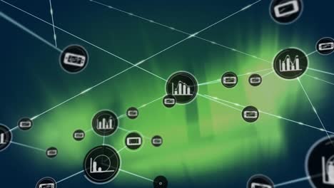 Animation-of-network-of-digital-icons-over-green-light-trails-against-blue-background