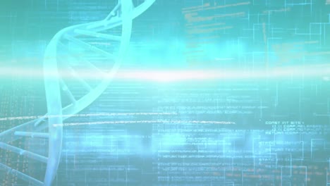 Animation-of-glowing-light-trail-over-spinning-dna-structure-and-data-processing-on-blue-background