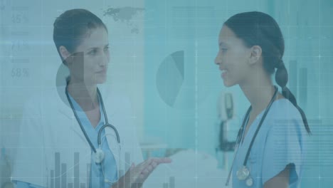 Animation-of-data-processing-over-diverse-female-doctor-and-health-worker-discussing-at-hospital
