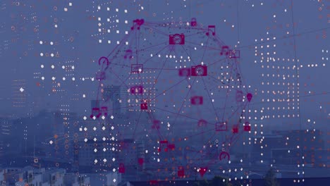 Animation-of-globe-of-digital-icons-and-dots-pattern-against-aerial-view-of-cityscape