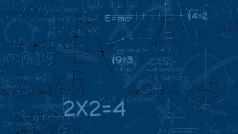 Animation-Mathematischer-Gleichungen-Und-Diagramme,-Die-Vor-Blauem-Hintergrund-Schweben