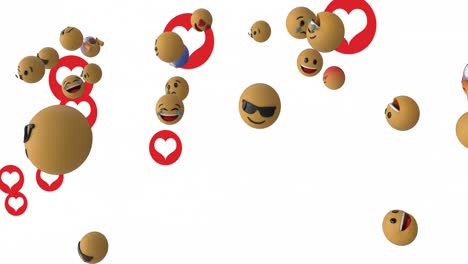 Animation-Mehrerer-Roter-Herzsymbole-Und-Gesichts-Emojis,-Die-Vor-Weißem-Hintergrund-Schweben