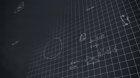 Animation-of-mathematical-equations-floating-over-grid-network-against-black-background