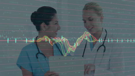Animation-of-financial-data-processing-over-diverse-female-doctors