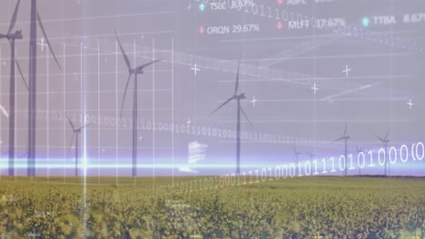 Animation-of-stock-market-data-processing-and-blue-light-trail-over-spinning-windmills-on-grassland