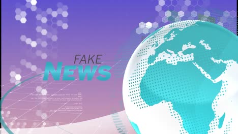 Animation-of-fake-news-text-banner-and-spinning-globe-against-data-processing-on-gradient-background