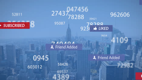 Animation-of-changing-numbers-and-social-media-icons-floating-against-aerial-view-of-cityscape