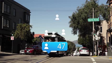 Animation-of-profile-icons-with-increasing-numbers-against-tram-operating-on-the-street