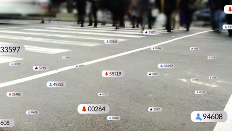 Animation-of-social-media-icons-over-time-lapse-of-low-section-of-people-crossing-the-street