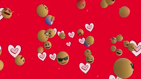 Animation-of-multiple-pink-heart-icons-and-face-emojis-floating-against-red-background