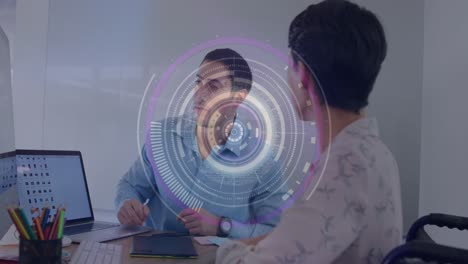 Animation-of-round-scanner-against-diverse-man-and-woman-discussing-at-office
