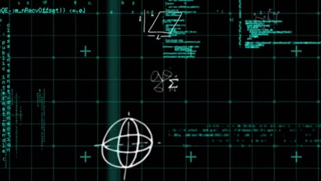 Animation-Mathematischer-Symbole-Und-Datenverarbeitung-über-Ein-Gitternetz-Vor-Schwarzem-Hintergrund