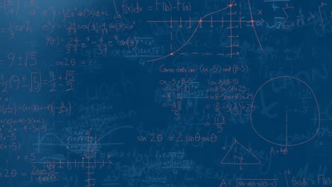 Animation-Von-Lichtpunkten-über-Mathematischen-Gleichungen-Und-Schulkonzepttexten-Auf-Blauem-Hintergrund