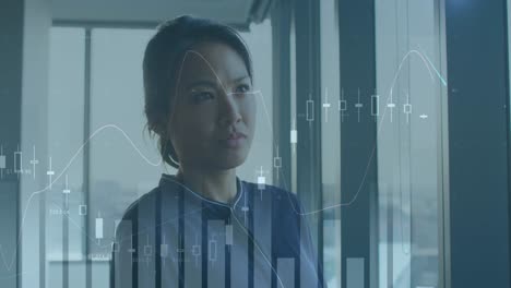 Animation-of-multiple-graphs-over-thoughtful-asian-woman-with-hand-on-chin-looking-away-in-office