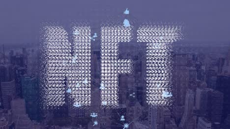 Animation-of-globe-of-digital-icons-and-nft-text-banner-against-aerial-view-of-cityscape