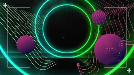Animation-of-abstract-shapes-and-digital-wave-over-neon-concentric-circles-against-black-background