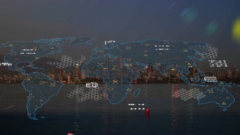 Animation-of-data-processing-over-world-map-against-view-of-cityscape-at-night