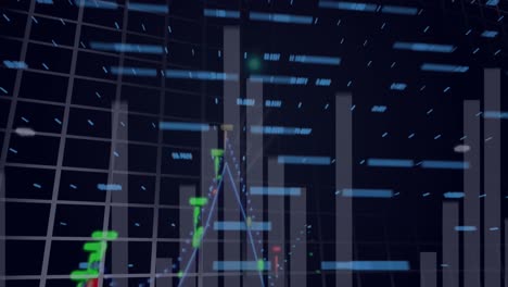 Animation-Der-Verarbeitung-Finanzieller-Und-Statistischer-Daten-über-Dem-Blitzsymbol-Auf-Schwarzem-Hintergrund