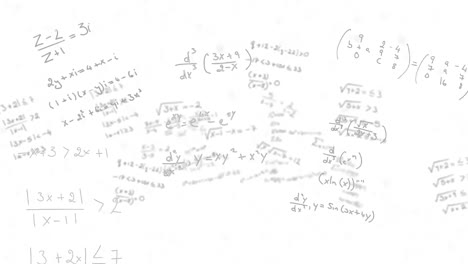 Animation-of-mathematical-equations-floating-against-white-background