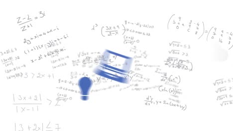 Animation-of-mathematical-equations-and-digital-icons-floating-against-white-background