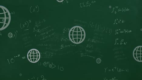 Animation-Mathematischer-Gleichungen-Und-Web-Globus-Symbole,-Die-Vor-Grünem-Hintergrund-Schweben