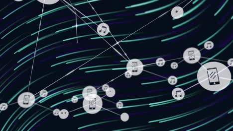 Animation-Eines-Netzwerks-Digitaler-Symbole-über-Grünen-Und-Blauen-Wellenlinien,-Die-Sich-Vor-Schwarzem-Hintergrund-Bewegen
