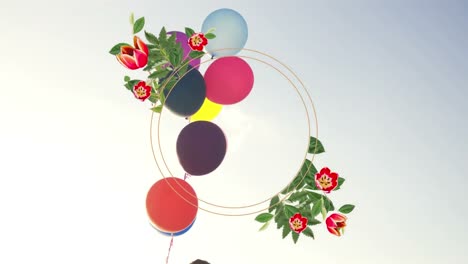 Animation-of-floral-banner-with-copy-space-over-balloons-floating-against-grey-gradient-background