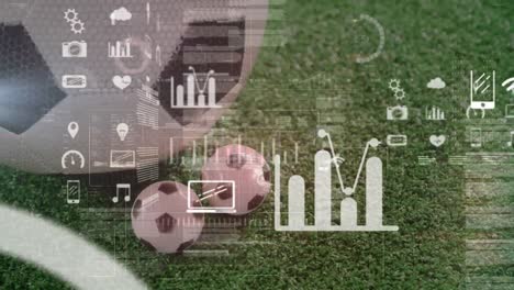 Animation-of-data-processing-against-close-up-of-a-football-and-miniatures-footballs-on-grass