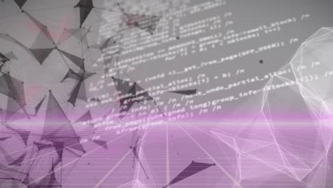 Animation-of-data-processing-and-plexus-networks-over-purple-grid-network-against-grey-background