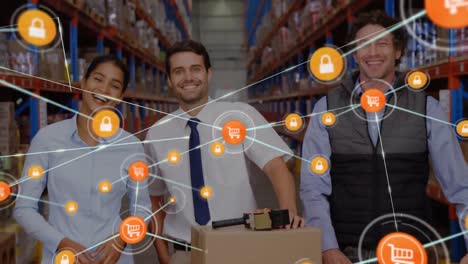 Animation-of-network-of-digital-icons-against-diverse-team-of-supervisors-smiling-at-warehouse