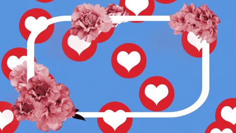 Animation-of-floral-banner-with-copy-space-over-red-heart-icons-floating-against-blue-background