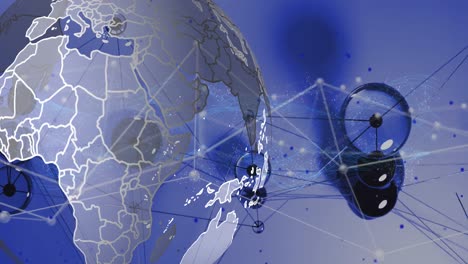 Animation-of-blue-particles-and-network-of-connections-over-spinning-globe-on-blue-background