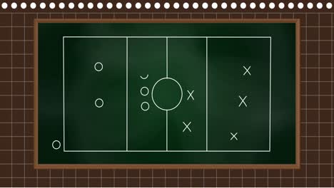 Animation-of-football-game-strategy-drawn-on-green-chalkboard-against-square-lined-brown-background