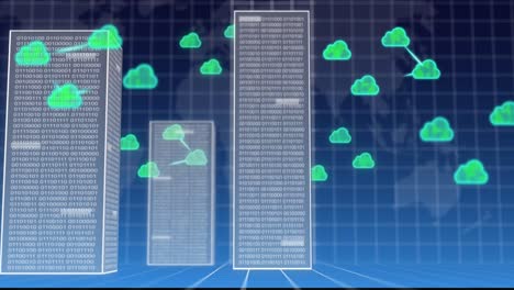 Animation-Von-Balken-Mit-Datenverarbeitung-über-Weltkarten--Und-Wolkensymbolen