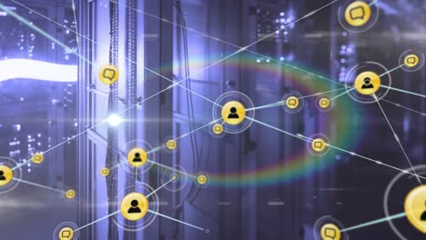 Animation-of-connected-dots-and-lens-flares-against-illuminated-server-room-in-background