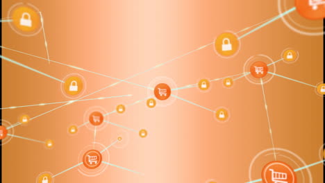 Animation-of-network-of-digital-icons-against-orange-gradient-background