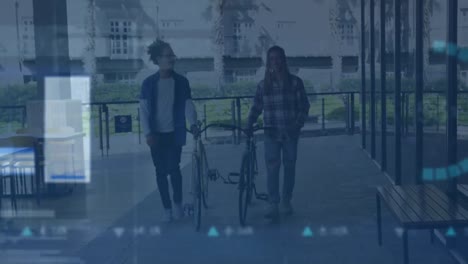 Animation-of-screens-with-data-processing-over-two-african-american-men-with-bicycles-walking