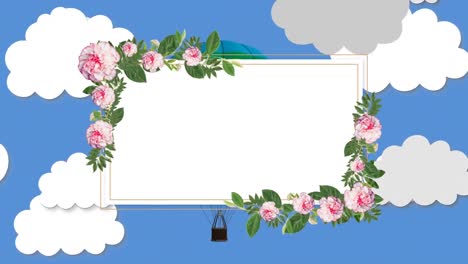 Animation-of-blank-card-with-flowers-and-copy-space-over-balloon-and-clouds