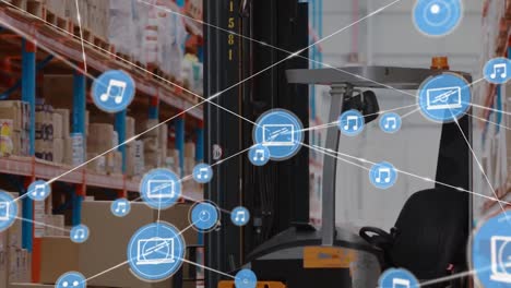 Animation-of-network-of-digital-icons-against-forklift-at-warehouse