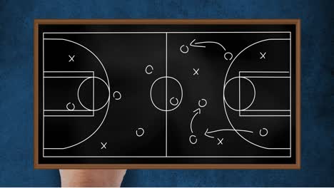 Animation-of-football-game-strategy-drawn-on-black-chalkboard-against-blue-textured-background